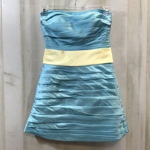 Bill Levkoff Blue Yellow Strapless Mini Dress 10